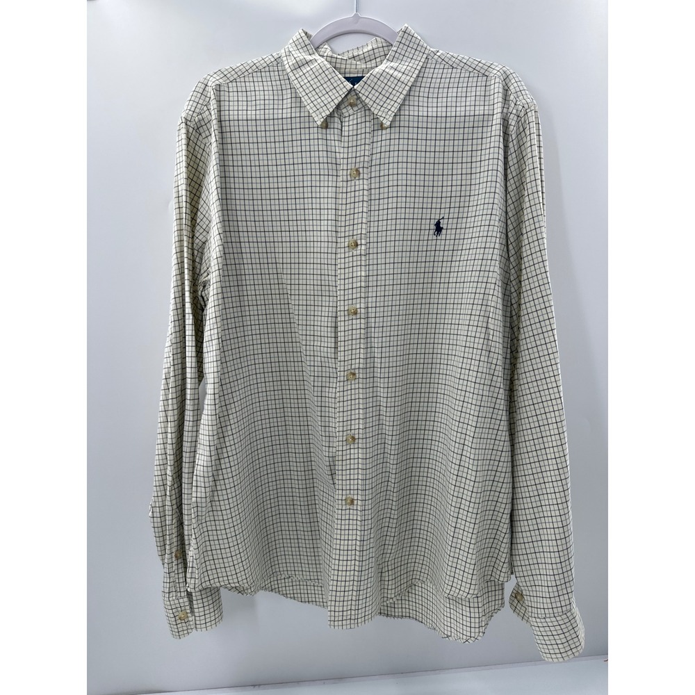 Polo Ralph Lauren Mens XL Custom Fit Tattersall Check Button Down Shirt Cream